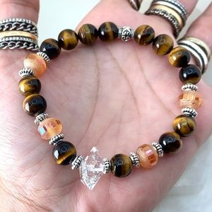 Tiger eye bracelet . Herkimer diamond crystal tiger eye gem beads & orange druzy